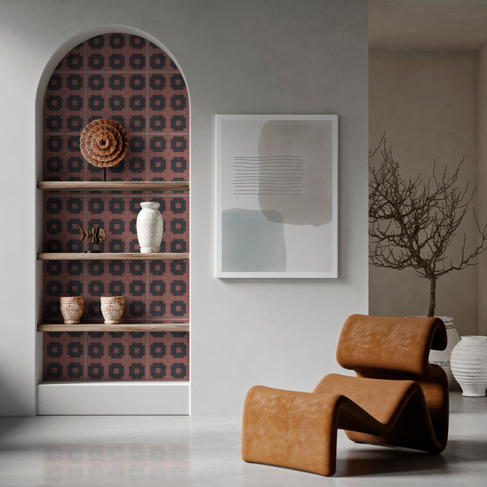 Living room with alcove with Camino pattern tile backsplash
